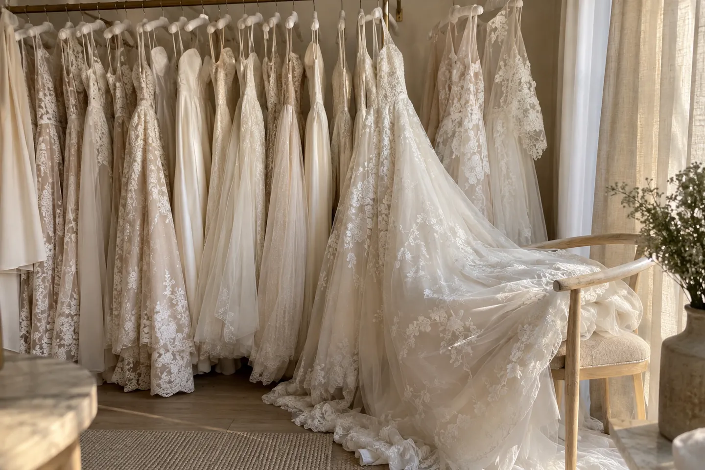 A rail of ivory and champagne wedding gowns in a calm room in soft morning light